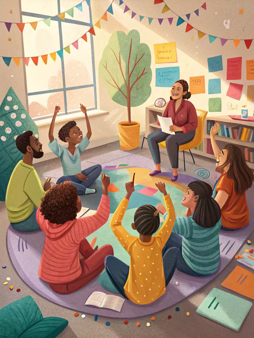 A group of professionals participating in a mindset coaching session with a facilitator guiding discussions, illustrating the Mindset Transformation Workshops.
