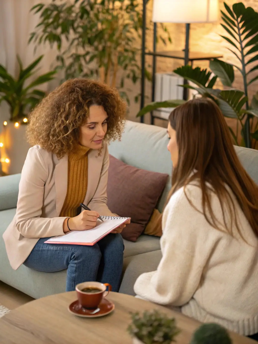 A coach and client engaged in a private coaching session, reviewing strategies and progress, showcasing Personalized Coaching Journeys.