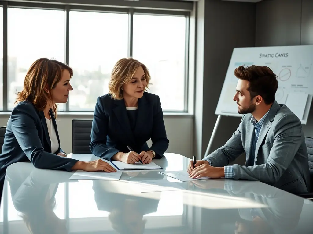 A professional business coach is guiding a client through a strategic planning session, using visual aids and collaborative discussions to define clear business goals and actionable steps.